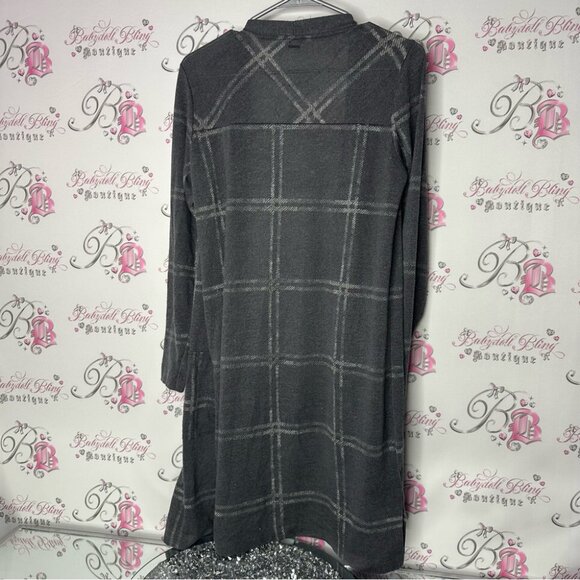 Sandwich_ cardigan grey open pockets long waterfall comfy Plaid Open Cardigan - Picture 8 of 8